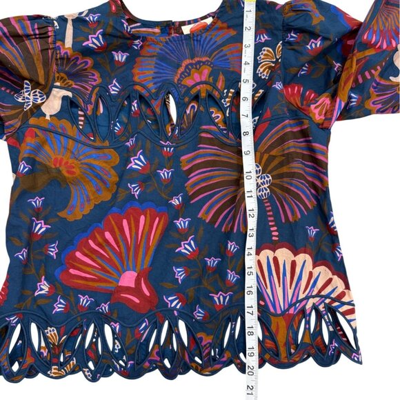 Farm Rio Anthropologie Cutwork Blouse Scalloped-Hem Balloon-Sleeve Top Women XXS - Picture 7 of 9